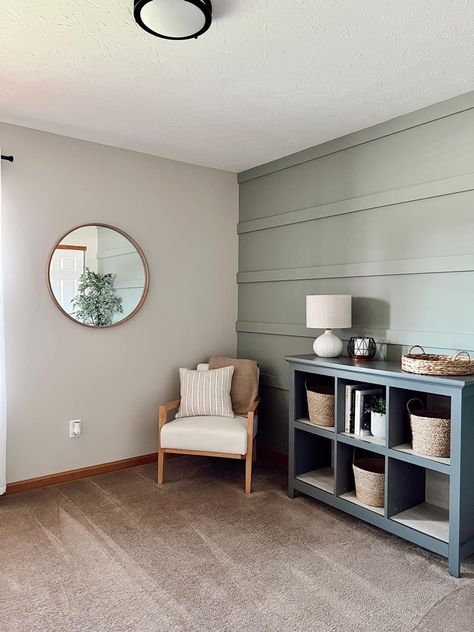 Soft Green Accent Wall, Safe Green Accent Wall, Accent Wall Sage Green, Pink And Green Infantm Wood Accent Wall, Evergreen Fog Accent Wall, Sage Green Accent Wall Behr, Country Farmhouse Bedroom, Green Accent Wall, Chiro Office