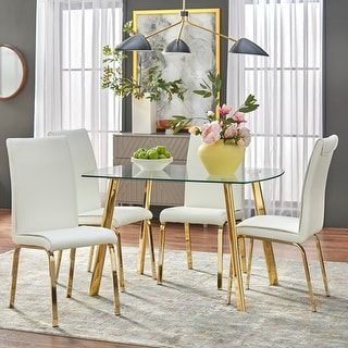 Dining Chairs Modern Design, Gold Dining, Chair Design Modern, Tempered Glass Table Top, Table For Small Space, White Dining Chairs, Dining Sets Modern, Living Table, Glass Dining Table