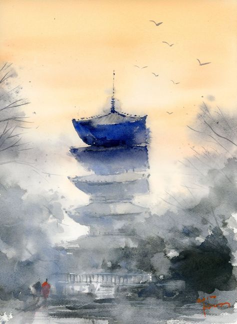 Pagoda Watercolor, Japanese Watercolor Paintings, Pagoda Painting, Chinese Oil Painting, Japan Watercolor, Thomas Schaller, Watercolor Scenery, Zen Painting, Watercolor City