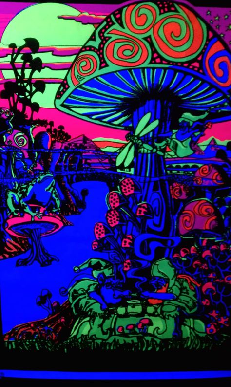 Blacklight Posters...oh yeah! Shroom Art, Blacklight Art, Trippy Posters, Blacklight Posters, Mushroom Poster, Black Light Posters, Hippy Room, Psychadelic Art, Arte Alien