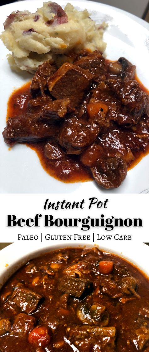 This Beef Bourguignon Instant Pot Recipe is not only delicious, but also easy to make. Tender beef braised in red wine, with mushrooms, carrots, onions, and more! #ohsnapletseat Beef Bourguignon Instant Pot, Instapot Beef Stew, Beef Braised, Braised Beef Stew, Beef Stew Meat Recipes, Instant Pot Stew, Beef Recipe Instant Pot, Pressure Cooking Recipes, Stew Meat Recipes