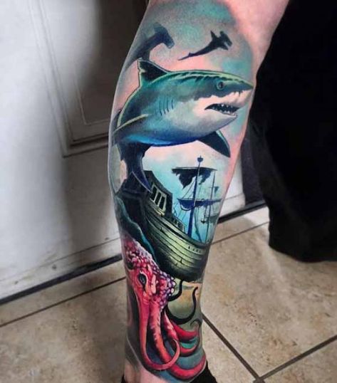 Great white shark tattoo traditional Realistic Shark Tattoo, Shark Tattoo Traditional, White Shark Tattoo, Great White Shark Tattoo, Small Shark Tattoo, Traditional Shark Tattoo, Theme Tattoos, Ocean Theme Tattoos, Meaning Art