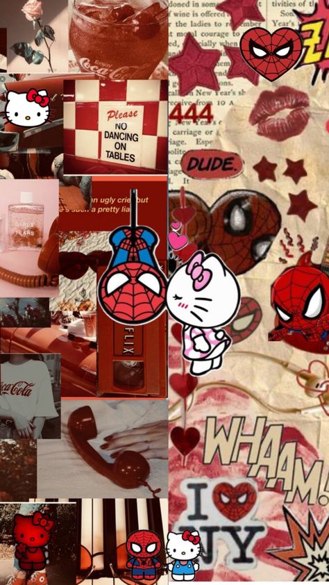 Hello kitty and spider man collage Spider Man Collage, Hello Kitty And Spiderman, Man Collage, Vintage Phone Wallpaper, Pink Hello Kitty Wallpaper Iphone, Pink Wallpaper Laptop, Collage Photo Frame Design, Y2k Wallpaper Iphone, Pretty Wallpaper Ipad