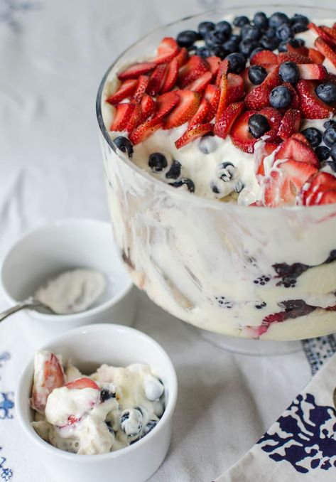 July 4th Recipe: Red, White, and Blue Trifle Red White And Blue Trifle, Blueberry Trifle, Trifle Dessert Recipes, Cake Summer, Berry Trifle, Trifle Pudding, Easy Gluten Free Desserts, Homemade Pudding, Homemade Snickers