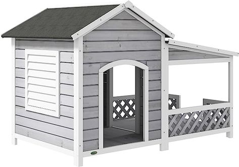 PawHut Wooden Dog House Outdoor with Porch, Cabin Style Raised Dog Shelter with Asphalt Roof, Doors, and Shutter Window, for Medium Large Sized Dog, Light Gray House With Front Porch, Porch Shelter, Dog House With Porch, Dog House Outdoor, Outside Dog Houses, Big Dog House, Patio Upgrade, Wood Dog House, Wooden Dog House