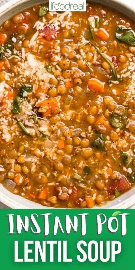 This is the BEST Instant Pot Lentil Soup full of tender lentils and veggies that hold well under pressure producing so much flavour! With only 5 mins of prep, no sautéing, or pre-soaking, this is the easiest healthy soup perfect for busy weeknights! Instant Pot Lentil Soup, Ham And Lentil Soup, Lentils Instant Pot, Green Lentil Soup, Easy Healthy Soup, Vegetarian Instant Pot, Canned Tomatoes, Brown Lentils, Instant Pot Soup Recipes