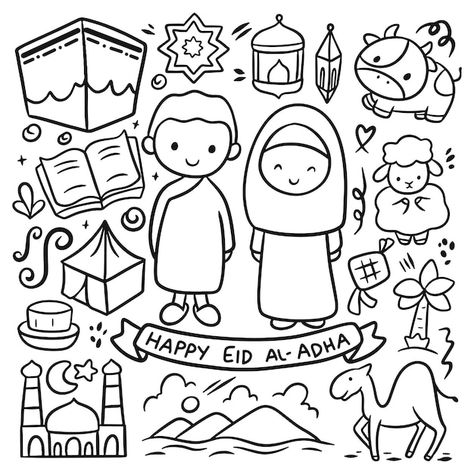 Set of hand drawn cartoon eid al adha do... | Premium Vector #Freepik #vector #cute #cute-doodle #islamic-graphic #cute-illustration Hajj Drawing, Islamic Doodle Art, Eid Doodle, Islamic Doodle, Islamic Doodles, Arts And Crafts For Kids Toddlers, Travel Book Design, Business Card Icons, Illustration For Kids