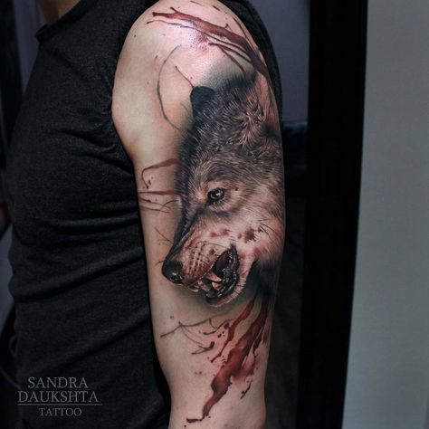 Bloody Wolf Wolf Hand Tattoo, Snarling Wolf, Wolf Tattoos Men, Wolf Tattoo Sleeve, Tattoo Trend, Mens Shoulder Tattoo, Wolf Tattoo Design, Wolf Tattoos, Feather Tattoos