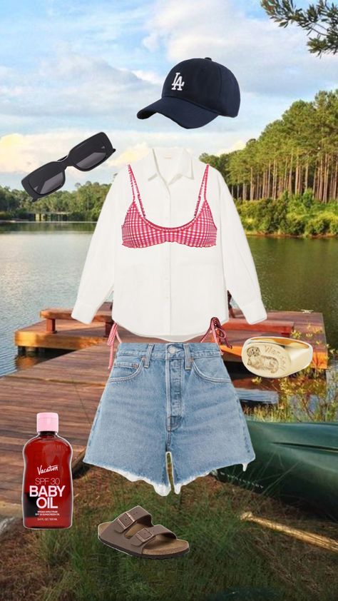 lake day, lake fit, summer outfit, bikini outfit, women’s casual outfit, women’s summer outfit, red gingham bikini Lake Outfits, Lake Outfit Summer, Casual Outfit Women, Lake Outfit, Lake Day, Outfit Red, Fit Summer, Summer Lake, Red Gingham