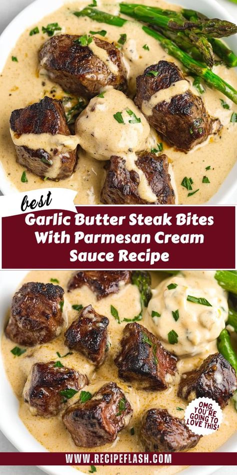 Craving a steak dinner that impresses without the fuss? Garlic Butter Steak Bites with Parmesan Cream Sauce is your answer! This savory dish pairs perfectly with sides and elevates your meal experience. Don’t forget to save this recipe for your next steak night! Garlic Sauce For Steak, Parmesan Cream Sauce Recipe, Steak Cream Sauce, Steak Butter Recipe, Steak Appetizers, Easy Steak Dinner, Steak Dinner Sides, Garlic Butter Steak Bites, Butter Steak Bites