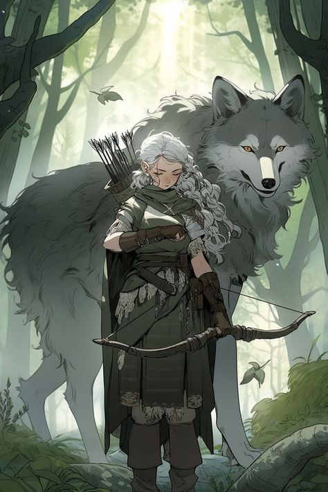 Anime Huntress, Fantasy Huntress, Dnd Hunter, Dnd Ranger Character Design, Female Huntress, Ranger Character Art, Forest Character Design, Wolf Fantasy Art, Huntress Art