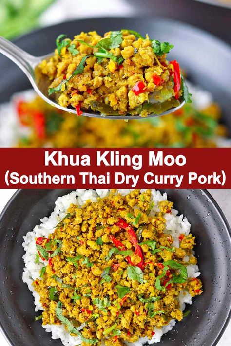 Khua Kling Moo (Southern Thai Dry Curry Pork) is a spicy ground pork slow stir-fry that’s exploding with bright flavors and fiery notes! It’s naturally gluten-free, flexible with your choice of protein, and is vegetarian/vegan adaptable. #khuakling #southernthaicurry #Thaifood #spicy #pork #stirfry #asianfood #drycurry | That Spicy Chick Khua Kling, Spinach And Ricotta Tortellini, Curry Pork, Chicken Penne Pasta, Dry Curry, Spinach Tortellini, Chicken Penne, Pork Stir Fry, Vegan Fish