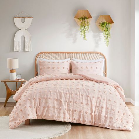 Refresh your bedroom with the elegant style of Intelligent Design's Vera Clip Jacquard Comforter Set. This OEKO-TEX certified comforter features fun and playful clip jacquard pompoms that add dimension to the top of the bed for a lovely look. Blush Pink Boho Bedding, Gold And Blush Bedroom Target, Blush Pink And Gold Toddler Bedroom, Pink And Mint Bedding, Elegant Comforter Sets, Elegant Duvet Covers, Jacquard Bedding, Twin Xl Duvet Covers, Intelligent Design