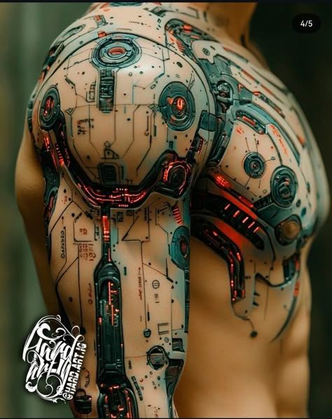 Biomechanical Tattoo Sleeve, Simple Unique Tattoos, Biomech Tattoo, Shoulder Armor Tattoo, Biomechanical Tattoo Design, Electronic Tattoo, Tech Tattoo, Cyberpunk Tattoo, Man And Machine