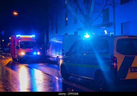 German Ambulance and Police Car at rainy night, blue light, medical transport, Berlin, Germany Stock Photo Humboldt Forum, Autumn Fern, Museum Island, Night Illustration, Brandenburg Gate, Berlin City, Rainy Night, Macro Photos, Night Blue