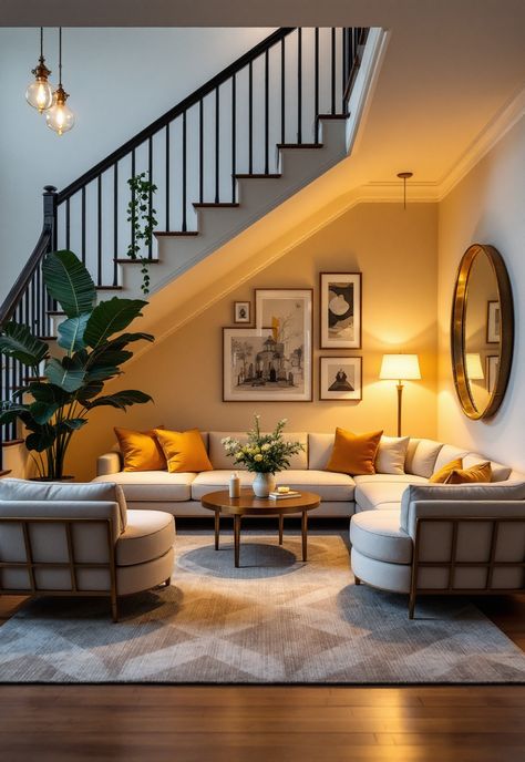 Staircase Storage Under Stairs Under Stairs Decoration Ideas Luxury, Under Stairs Tv Unit Ideas, Lounge With Stairs In Living Rooms, Couch Under Stairs, Under Stairs Ideas Living Room, Under Staircase Decor, Under Stairs Room Ideas, Under Staircase Ideas Modern, Stairs With Seating