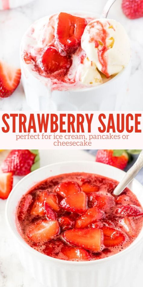 The perfect strawberry topping for cheesecakes, pancakes, waffles, ice cream or just about anything! #strawberrysauce #topping #strabwerries #icecream #sundaes #cheesecake #waffles #pancakes from Just So Tasty Cheesecake Waffles, Topping For Cheesecake, Strawberry Coulis, Valentines Recipes Desserts, Homemade Strawberry Sauce, Strawberry Sundae, Cheesecake Toppings, Low Carb Cheesecake, Frozen Berries