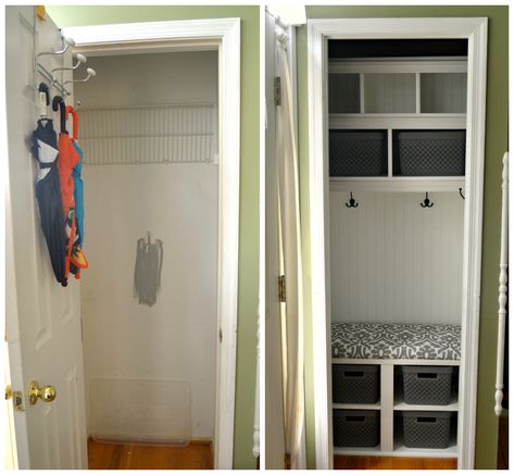 BeforeandAfter Closet Mud Room Conversion, Closet Turned Into Mudroom, Closet To Mudroom Convert, Entryway Closet Makeover, Mini Mudroom, Coat Closet Ideas, Small Coat Closet, Front Hall Closet, Mudroom Closet