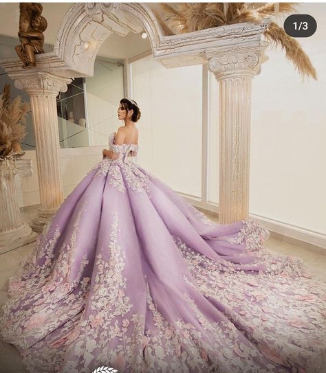 Beautiful, elegant Quinceañera dress. Fits size 8-12  Corset fitted. Long train. Beautiful lilac color with pink embellishments. Charra Quinceanera Dresses, Light Purple Wedding Dress, Purple Quince Dress, Lilac Quinceanera Dresses, Fairy Ball Gown, Poofy Wedding Dress, Light Purple Wedding, Xv Dresses, Purple Quince