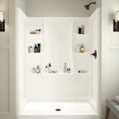 Home Depot Shower Stall, Shower Stall Insert Ideas, Stand Up Shower Insert Ideas, Fiberglass Walk In Shower Master Bath, Walk In Fiberglass Showers, Alcove Shower Kit, Premade Shower Stalls, Walk In Shower Surround, Walk In Shower Insert