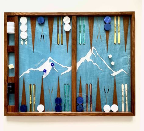 Ski & Mountain Backgammon board — Studio Jean-Michel | Custom Luxury Backgammon Sets Hamptons Ny, Ski Hill, Backgammon Board, Ski Mountain, Ski Town, Backgammon Set, Jean Michel, Mountain Paintings, Game Board