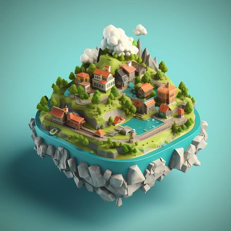 Low Poly Island, Isometric Island, Small House Images, 2024 Illustration, Rendered Houses, Cube World, Cartoon City, 3d Isometric, 3d Ideas