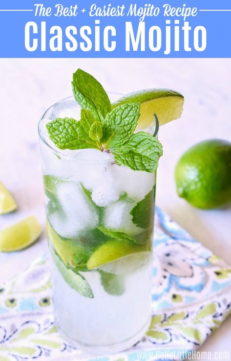 Learn how to make a Mojito! This Classic Mojito recipe is simple, delicious, and so easy to prepare. Make this traditional, easy Mojito cocktail with simple ingredients: limes, sugar, mint, club soda, and rum. This refreshing Mojito Drink is perfect for a hot summer day and takes minutes to prepare … make one or prepare it for a crowd or party! | Hello Little Home #mojito #drinkrecipe #cocktailrecipes #summerdrinks #mojitorecipes #rum #rumdrinks #cocktails #cocktaildrinks How To Make Mojitos, Vodka Mojito, Mojito Recipe Classic, Mojito Drink, Mint Drink, Mint Cocktails, Mojito Mocktail, Citrus Cocktails, Coctails Recipes