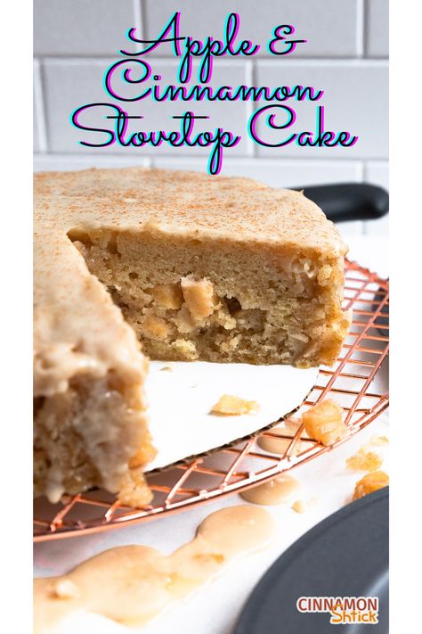 apple cinnamon stovetop cake with slices missing Stove Desserts, Stovetop Cake, French Buttercream, Apple Cinnamon Cake, Italian Buttercream, Glaze For Cake, 21st Cake, Cinnamon Cake, Baking Company