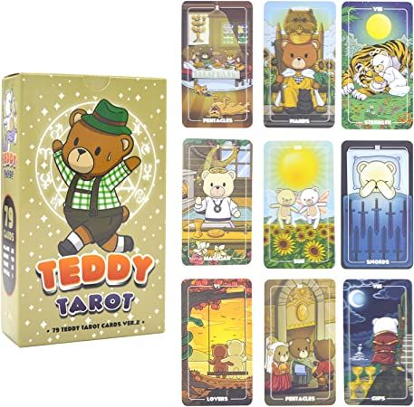 Amazon.com: DOVIPE Teddy Tarot Cards（Ver.2） 79pcs Tarot Card Cute Tarot Cards for Beginners : Toys & Games Cute Tarot Cards, Cartoon Teddy Bear, Unique Tarot Cards, Card Types, Tarot Cards For Beginners, Bear Drawing, Fortune Telling, Quilt Stitching, Major Arcana