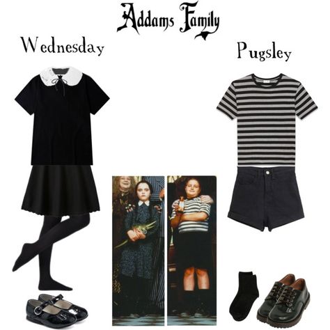 Addams Family - Wednesday & Pugsley Addams Family Wednesday Costume, Diy Adams Family Halloween Costumes, Diy Wednesday Addams Costume Kids, Diy Adams Family Costume, Wednesday Costume Kids, Addams Family Outfit, Adams Family Halloween Costumes, The Addams Family Costumes, Cartoon Wednesday Addams