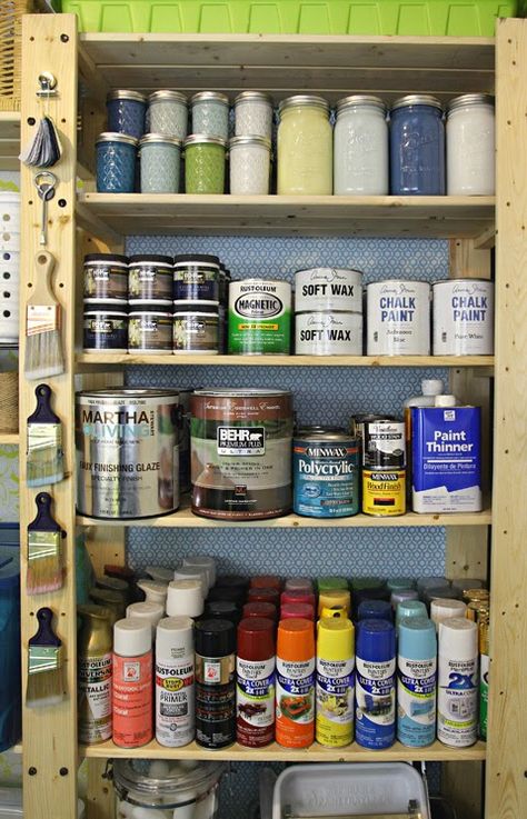 IHeart Organizing: Our Storage Spaces: Storage Room Paint Organization Organize Garage, Garage Organization Systems, Organized Garage, Painting Storage, Basement Organization, Paint Organization, Garage Organizing, Basement Laundry Room, Basement Garage