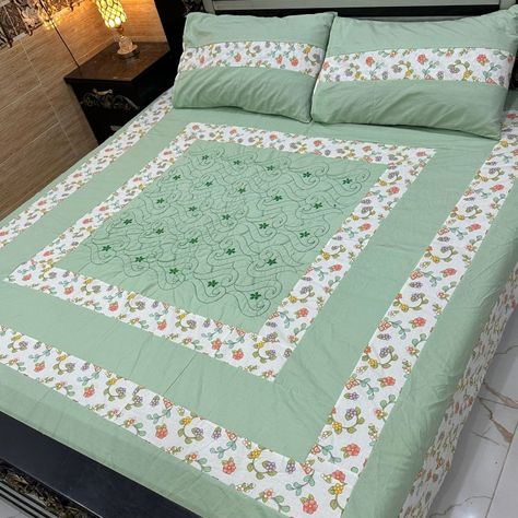 ❁﷽❁* Cotton 3PC *PatchWork work* Bedsheets Stuff= Cotton *Export Quality stitched* *Center Embroidered* After wash colors and fabric Guarantee💯 1 Sheet 90"×95" 2 Pillow Covers 19"×29" *Double bed= king size*👑 Retail price:*1250Fix* For order WhatsApp no 03221638465 Patch Work Bedsheets Design, Patchwork Bedsheets, Embroidered Bedsheets, Bed King Size, Bed Cover Design, Cushion Embroidery, Bed King, Cotton Bedsheets, Patch Work