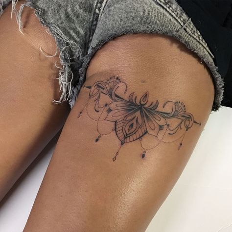 Lace Thigh Tattoos, Thigh Band Tattoo, Back Of Thigh Tattoo, Leg Band Tattoos, Upper Leg Tattoos, Upper Thigh Tattoos, Girl Thigh Tattoos, Garter Tattoo, Thigh Tattoo Designs