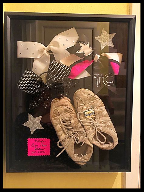 Senior Cheer Shadow Box Ideas, Cheer Bow Shadow Box Ideas, Bow Box Cheer, Cheer Uniform Shadow Box Ideas, Cheer Room Ideas, Cheer Shadow Box Ideas, Cheer Uniform Shadow Box, Cheer Box Ideas High School, Cheer Signs For Competition