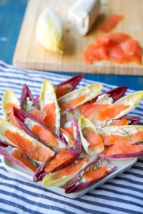 Endive Bites, Mediterranean Diet Snack, Smoked Salmon Goat Cheese, Salmon Goat Cheese, Mediterranean Diet Snacks, Appetizer Bites, Diet Snacks, Afternoon Snack, Cheese Spread