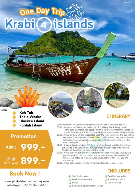 Krabi Day Tour 4 islands by long tail boat. 🚣🏝️ The program will have ✔️ 🌴Koh Tub 🌴Thale-Whake 🌴Chicken Island 🌴Pordah Island Traveling on a long tail boat your Krabi 4 islands Hopping Tour begins at Koh Tub & Pra- Nang Bay & Krabi’s famous Railay Beach where you can check out the cave. You can swim and snorkel at Chicken island. Pordah Island which is a very small uninhabited island where you enjoy a tasty lunch and then get time to walk around the island and do some exploring. 𝐂𝐨𝐧𝐭𝐚𝐜𝐭 𝐮𝐬... Bamboo Island Thailand, Pig Island Thailand, Thailand Boat Market, Koh Tao Thailand Map, Railay Beach Thailand, Railay Beach, Uninhabited Island, Phuket Thailand, One Day Trip