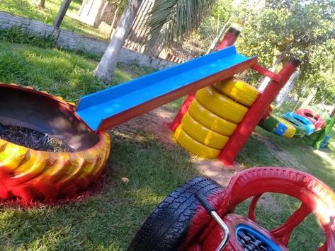 Kids Garden Toys, Kids Garden Play Area, Tire Playground, Kids Garden Play, Kid Friendly Backyard, Diy Kids Playground, Backyard Creations, Kids Backyard Playground, Daycare Design