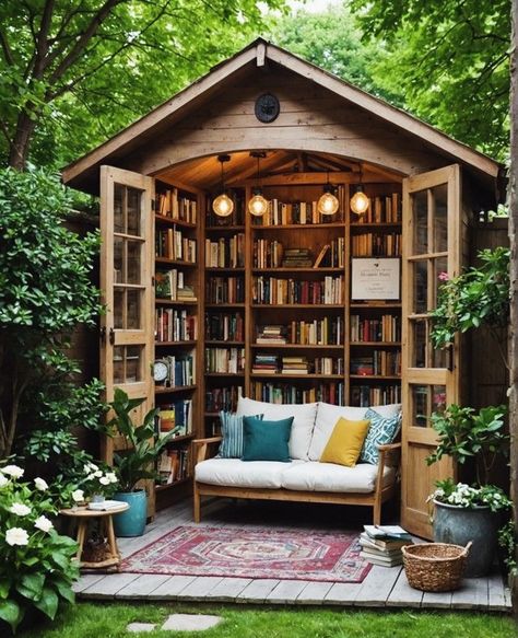 Garden Reading Nook Outdoor, Book Shed Ideas, Outdoor Library Design, She Shed Library, Reading Shed, Cabin Layout, Book Cottage, Reading Place, Garden Library