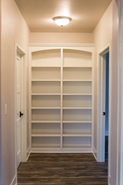 #homebuilder #RadueHomes #builtins #shelving #whiteshelving #hallway Built In Hallway Bookcase, Bookcase At End Of Hallway, Stair Landing Shelves, Built In Bookshelf End Of Hallway, Hallway Bookcase Built Ins, End Of Hallway Built In Shelves, Shelving In Hallway, Hallway End Ideas, Built In Bookshelf Hallway