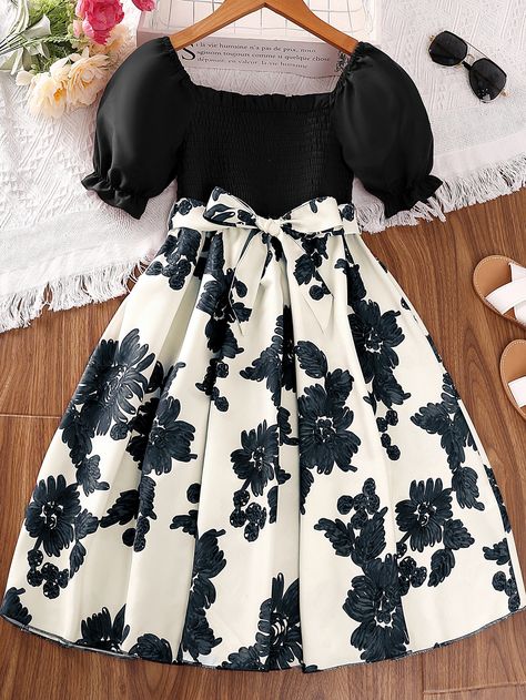 Black and White Boho Collar Short Sleeve Woven Fabric Floral A Line Embellished Non-Stretch  Girls Clothing Nfr Outfits For Vegas Cowgirl Fashion, Kids Floral Dress, Floral Skirt Outfits, Nfr Outfits, Black Kids Fashion, Womens Tulle Skirt, Stockholm Fashion Week, Kids Dress Collection