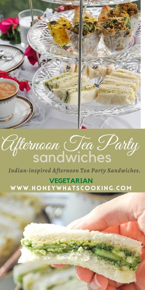 Tea Party Sandwiches (Indian-inspired, vegetarian) Vegetarian Afternoon Tea, Vegetarian Tea Sandwiches Recipes, Tea Party Food Vegetarian, High Tea Indian Style, Vegetarian High Tea Ideas, Vegetarian Afternoon Tea Ideas, Indian Tea Sandwiches, Indian Tea Party Snacks, Indian Party Snacks Vegetarian