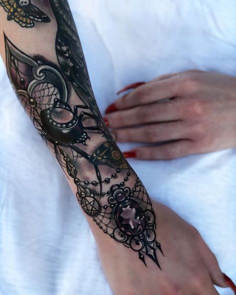 Spider Jewel Tattoo, Drape Tattoo, Spiderweb Wrist Tattoo, Spider Dropping From Web Tattoo, Women’s Spider Web Tattoo, Spider Gothic Tattoo, Spider Jewelry, Permanent Jewelry, Jewelry Tattoo