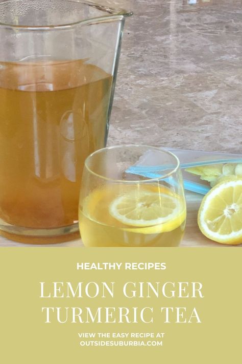 Lemon Ginger Turmeric Tea Recipe Lemon Ginger Turmeric Tea, Tumeric Tea Recipe, Ginger Turmeric Tea, Lemon Ginger Turmeric, Lemon Ginger Water, Turmeric Tea Recipe, Ginger Drink, Ginger Water, Ginger Turmeric