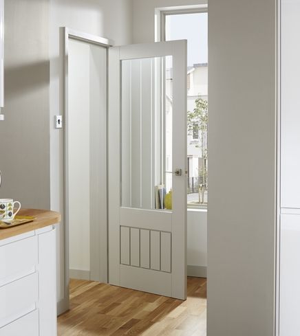 Primed Dordogne glazed door | Internal stile & rail doors | Doors & joinery | Howdens Joinery Loft Door, Internal Glazed Doors, Cottage Style Interiors, White Internal Doors, Cottage Door, Door Fittings, Fitted Bathroom, White Doors, Glazed Door