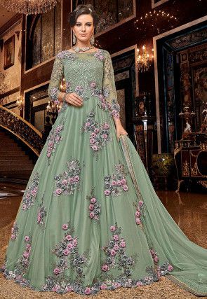 Embroidered Net Abaya Style Suit in Beige : KCH5037 Anarkali For Engagement, Pastel Anarkali, Wedding Anarkali, Anarkali Tops, Bridal Anarkali, Green Anarkali, Floor Length Anarkali, Designer Salwar Kameez, Anarkali Salwar