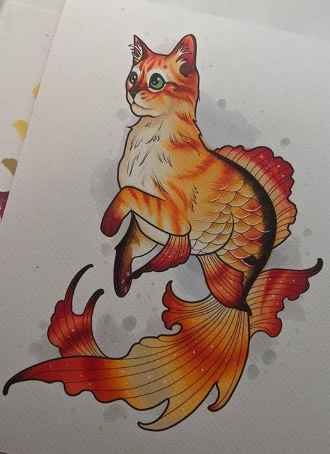 Mermaid Cat, Fish Drawing, Animal Illustration Art, Creatures Art, Drawing Cat, Fish Drawings, Fantasy Creatures Art, About Art, School Art