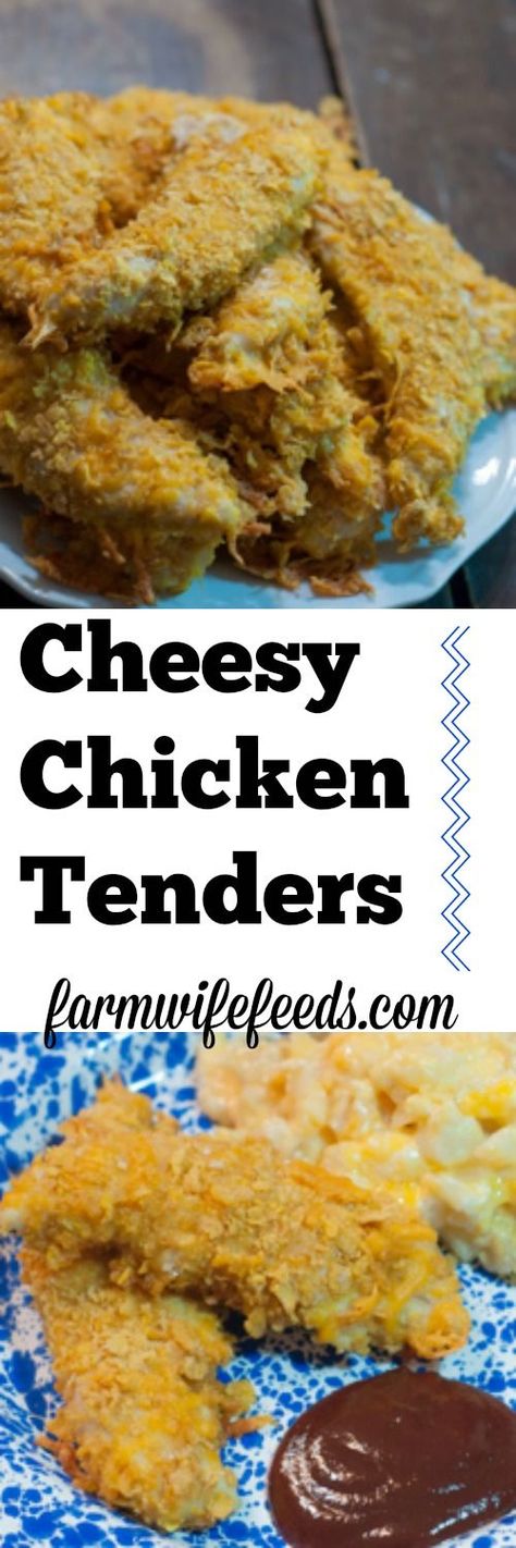 These Cheesy Chicken Tenders are a go to comfort food here! Moist with a cheesy crunchy cornflake coating! Cheese Chicken Nuggets, Homemade Chicken Strips, Nugget Ideas, Homemade Chicken Nuggets, Cheese Chicken, Chicken Tender Recipes, Food Stamps, Southern Food, Chicken Strips