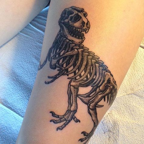 Matthew Crim (@matthewcrimtattoos) • Instagram photos and videos Trex Head Tattoo, Dinosaur Tattoo Thigh, Dinosaur Bone Tattoo, Trex Skeleton Tattoo, T Rex Skeleton Tattoo, Dino Skeleton Tattoo, Dinosaur Bones Tattoo, Realistic Dinosaur Tattoo, T Rex Tattoo Design