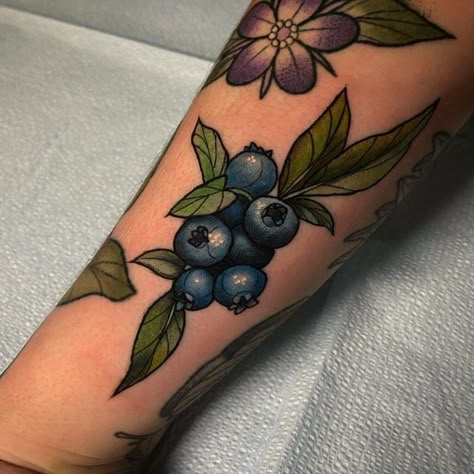 Blueberry Tattoo Traditional, Nature Filler Tattoo, Traditional Nature Tattoo, Traditional Forearm Tattoo, Colour Tattoo Designs, Fruit Tattoos, Blueberry Tattoo, Blackberry Tattoo, Armpit Tattoo