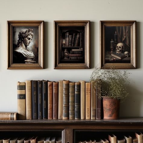 Vintage interior with 3 prints on a wall inspired by dark academia and gothic aesthetics. Overall moody and muted tones of artworks create a sense of mystery. You can download the digital files once you purchase this set from the shop. Dark Aethstetic Home Decor, Dark Academia Trinkets, Dark Academia Interior Design Bedroom, Dark Academia Farmhouse, Dark Academia Aesthetic Decor, Soft Academia Aesthetic Room, Dark Academia Clock, Dark Academia Room Inspiration, Light Academia Interior